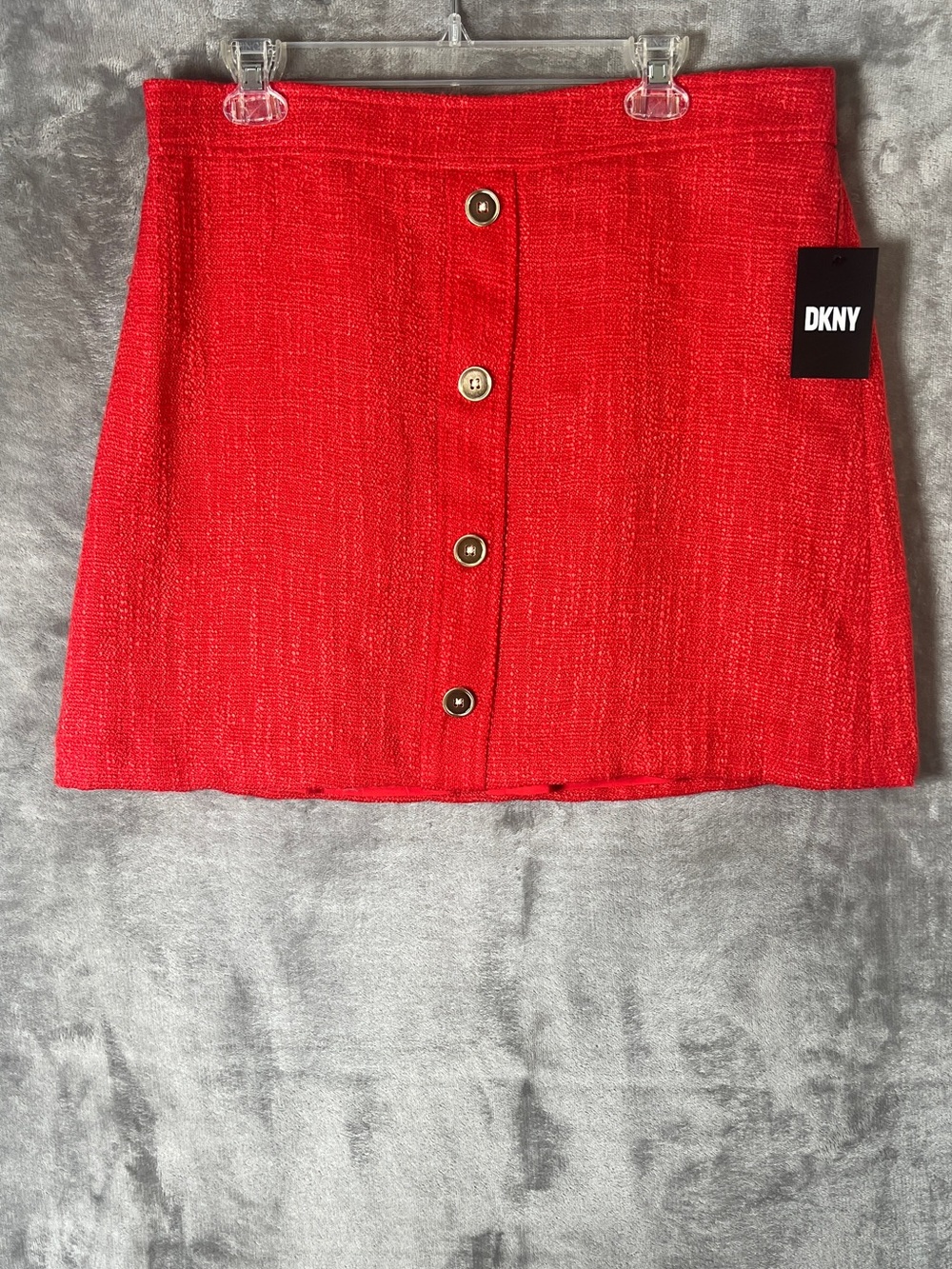 DKNY Bright Red Button-Front Tweed Mini Skirt